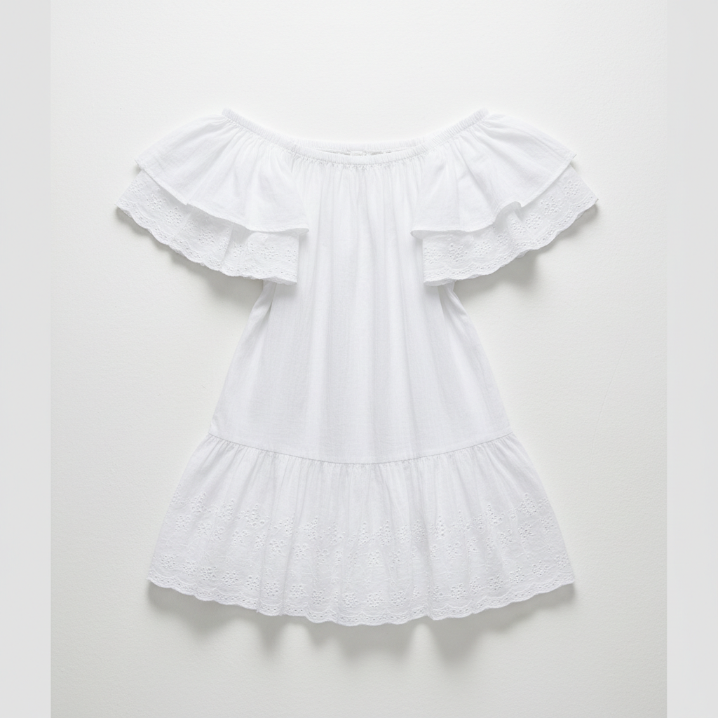 Off-Shoulder Ruffle Tiered Eyelet Mini Dress - White
